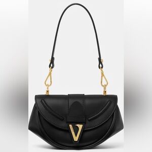 Authentic Versace Virtus Black Leather Shoulder Bag with Gold Accents